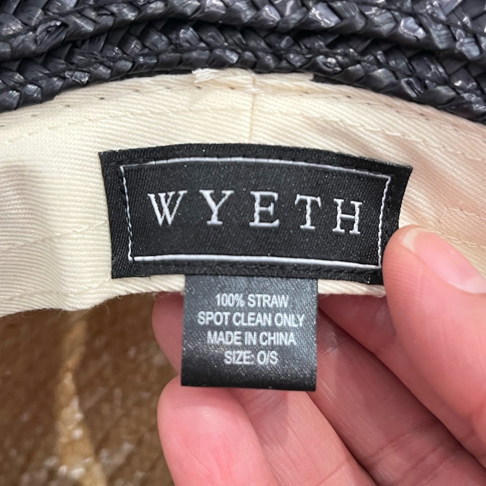 Wyeth Black & Tan Straw Wide Brim Sun Hat with Black Ribbon Tie NWOT - Picture 6 of 7